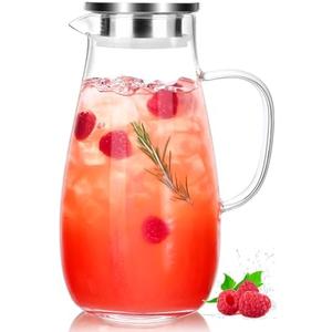 LUNA & MANTHA Glass Pitcher with Lid, Water Pitcher for Fridge, 64oz Drink Jug with handle, Borosilicate Glass for Iced Tea, Juice, Milk, Coffee Hot Cold Beverages Carafe 2 Quart