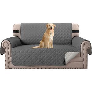 DEMORI Reversible Couch Cover for 2 Cushion Couch Water Resistant Loveseat Washable Furniture Cover with Non-Slip Elastic Strap for Dogs, Pets, Kids(Oversized Loveseat, Charcoal Grey)