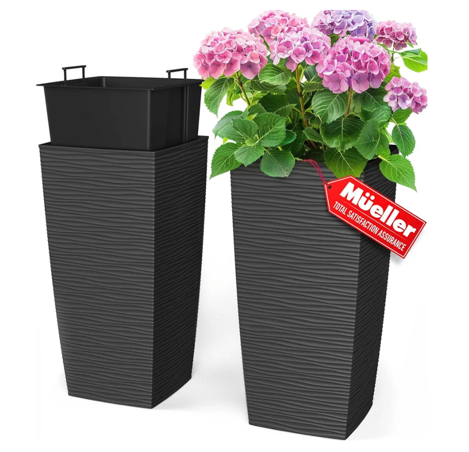 Mueller M-Resin Heavy Duty Tall Planters for Outdoor Plants, Indoor Grande Plant Pots, Boxes, Trees, Flower Pots, 2-Piece Set, 24”, Modern Design, Built-in Drainage, Front Porch Decor, Dark Gray