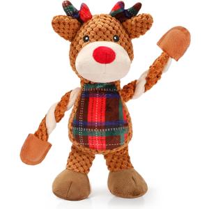 Senneny Dog Christmas Toys Reindeer, Classic Red Green Tartan Plaid Squeaky Toys for Dogs Puppy, Stuffed Plush for Large Medium Small Dogs, Interactive Durable Dog Chew Toys