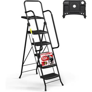 HBTower Step Ladder, Folding Step Stool with Wide Anti-Slip Pedal, Sturdy Steel Ladder, Convenient Handrail, Lightweight, Portable Steel Step Stool (Black)