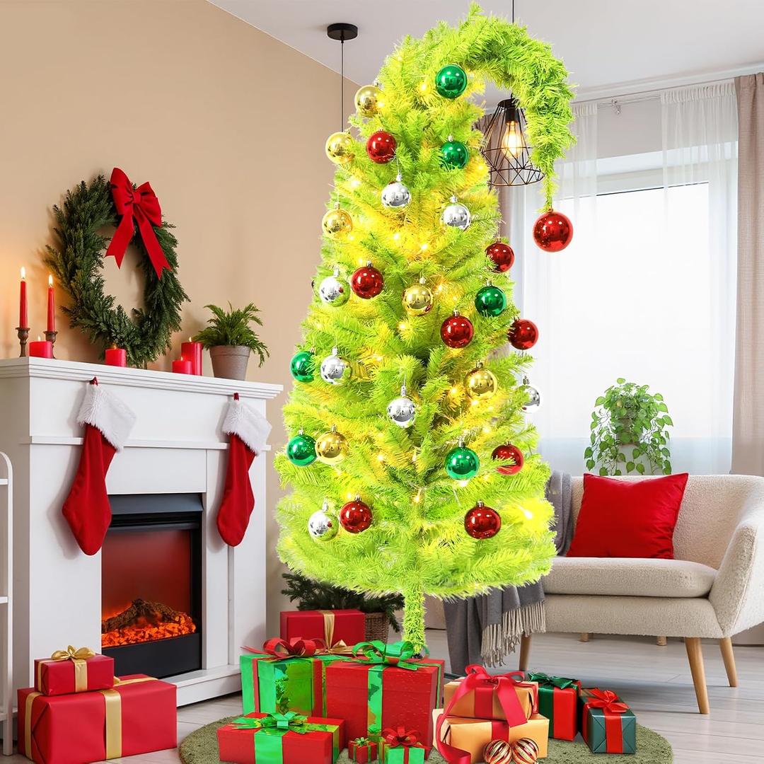 6FT 43PCS Large Artificial Christmas Tree Xmas Holiday Whimsical Pre-Lit Christmas Tree for Indoor & Outdoor Christmas Party Decor with 100 LED String Lights & 41 Balls for Home Office Bendable