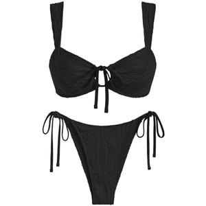 ZAFUL Women's Cinched Bikini Solid Color Wave Textured Knotted Tied Side Two Piece Swimsuit Bathing Suits S