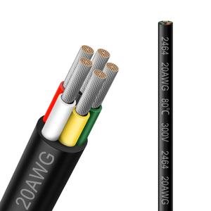 20 Gauge 5 Conductor Electrical Wire, 50FT 2464 20AWG 5 Wire Cable Black PVC Stranded Tinned Copper, 20/5 Cord Extension Low Voltage Cable
