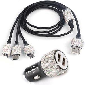 Bling Car Charger Accessories Set,Rhinestone Dual USB Car Chargers + Bling 3 in1 Nylon Braided Charging Cable,Bling Crystal Decoration Car Accessories Kits for Girl and Women (Multicolor)