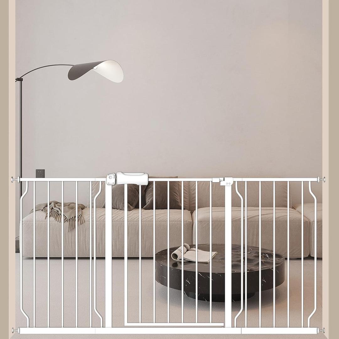 ALLAIBB Extra Wide Baby Gate Pressure Mount with Auto-Close, White Metal Safety Gate for Stairs & Doorways - Child Proof, Pet Barrier for Hallways, Kitchen, Living Room for 57.48-62.02 inch