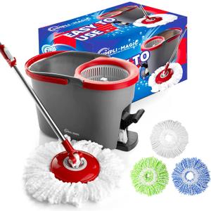 SIMPLI-MAGIC 79349 Spin Mop Cleaning System with 3 Microfiber Mop Heads, Red/GRAY,Red/Black
