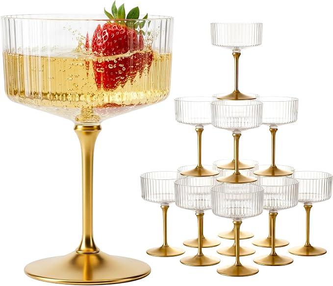 LIYH 20pcs Plastic Martini Glasses Disposable 10 Oz Clear and Gold Plastic Cups Coupe Glasses Cocktail Champagne Tower Perfect for Any Party, Bar, Beverage
