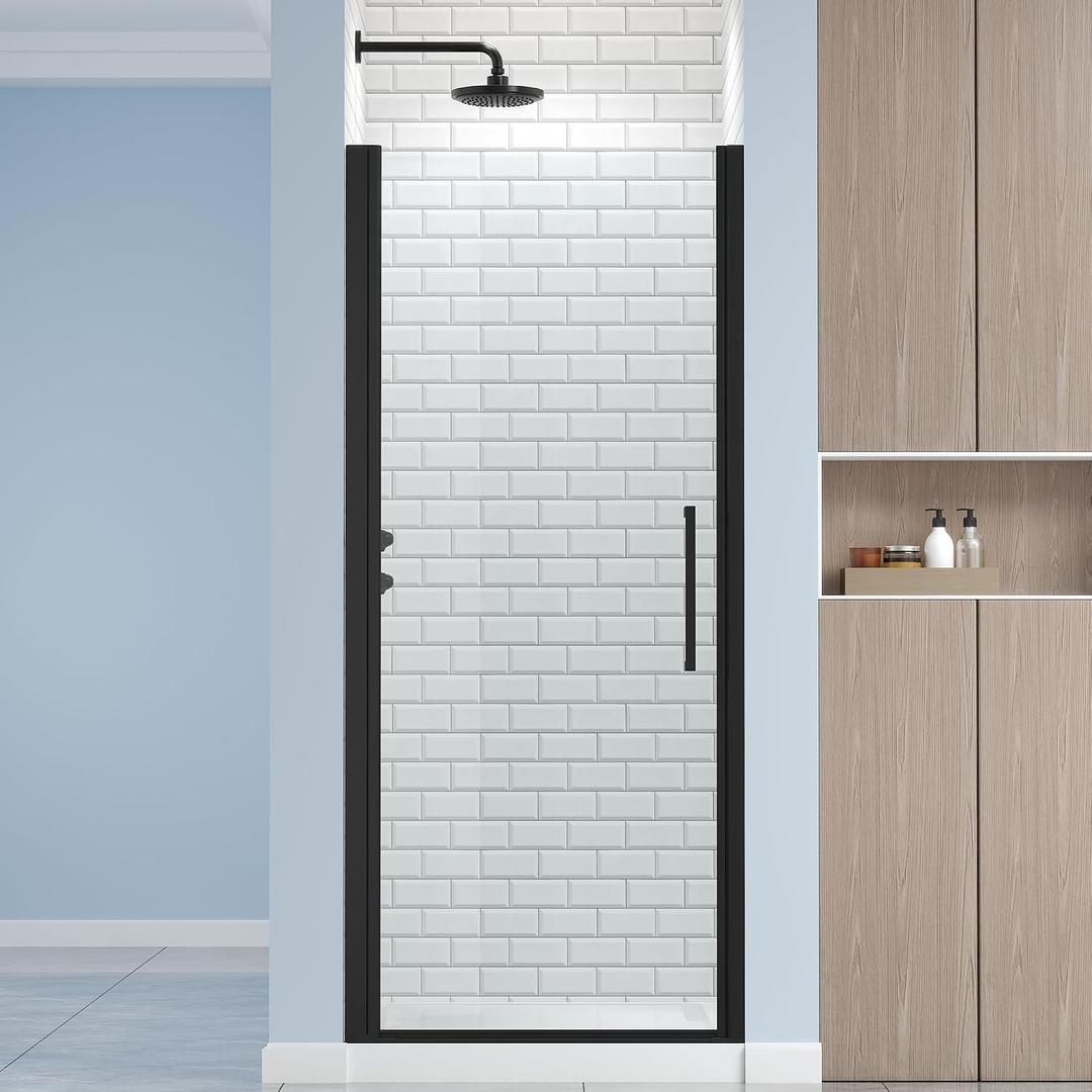 ENSO SENKA Frameless Pivot Shower Door 32.8-34" W X 72" H, 1/4" (6mm) Clear SGCC Tempered Glass, Hinged Pivot Swing Shower Door, Reversible Installation, Easy to Clean, Matte Black