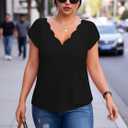 Womens Summer Tops Seashell Edge V Neck Shirts Petal Short Sleeve Top Dressy Casual Tunic Blouses (Black, L)