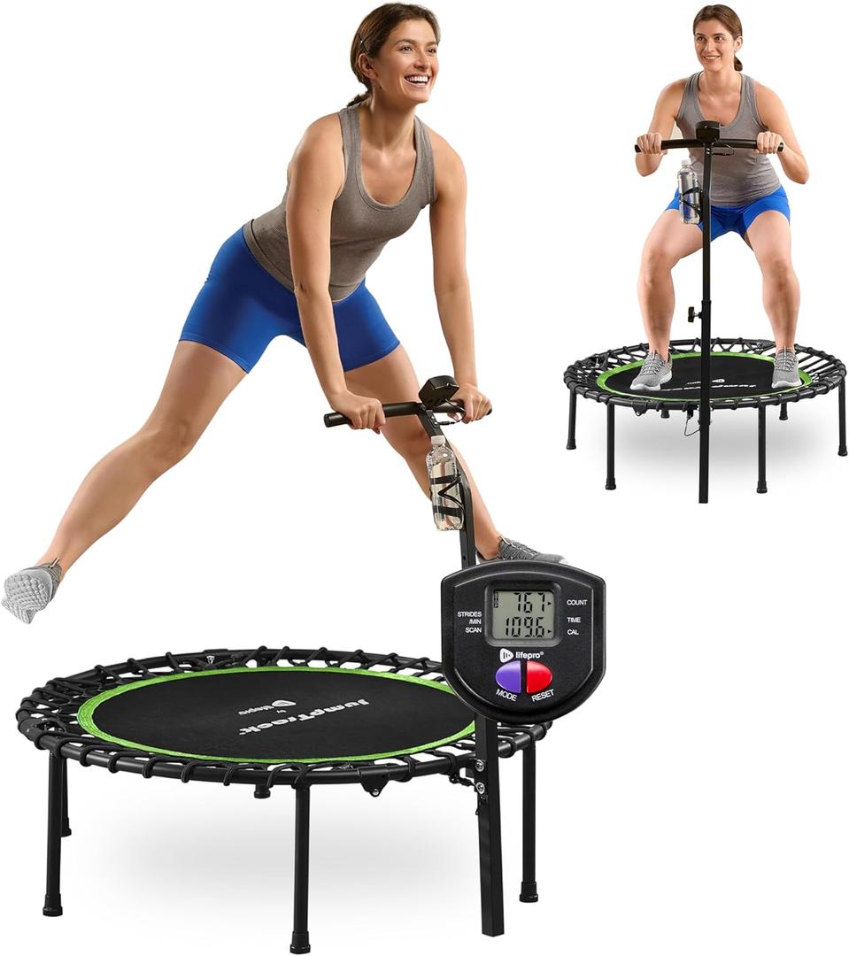 Lifepro Jumptrack Indoor Rebounder Trampoline for Adults with Handle Bar & Jump Counter  Foldable 40 Portable Silent Bungee System for Low-Impact Cardio & Exercise Trampoline Indoor/Outdoor Workouts