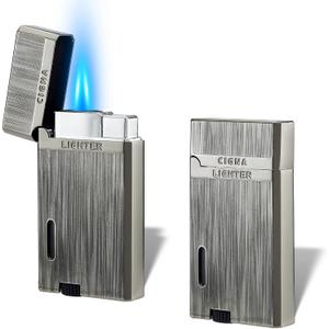 Yeuligo 2 Pack Double Flame Torch Lighters, Classic Pocket Lighters with Visible Window, Adjustable Jet Torch Lighter, Refillable Butane Lighter for Men and Women (Brushed Grey)