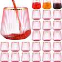 24 Pcs Wedding Pink Plastic Wine Glasses Ribbed Disposable Wine Glasses Unbreakable Stemless Champagne Whiskey Cups Cocktail Plastic Cups for Bridal Shower Engagement Party (12 oz,Gold rim)