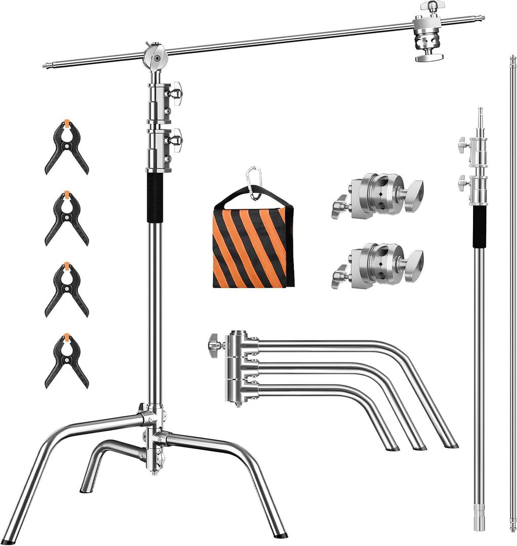 Heavy Duty C Stand 6.9ft/210cm with Holding Arm Sandbag Grip Head Stainless Steel Photography Light Stand C-Stand Sturdy for Photography Studio Video Monolight Softbox Shooting (Silver)