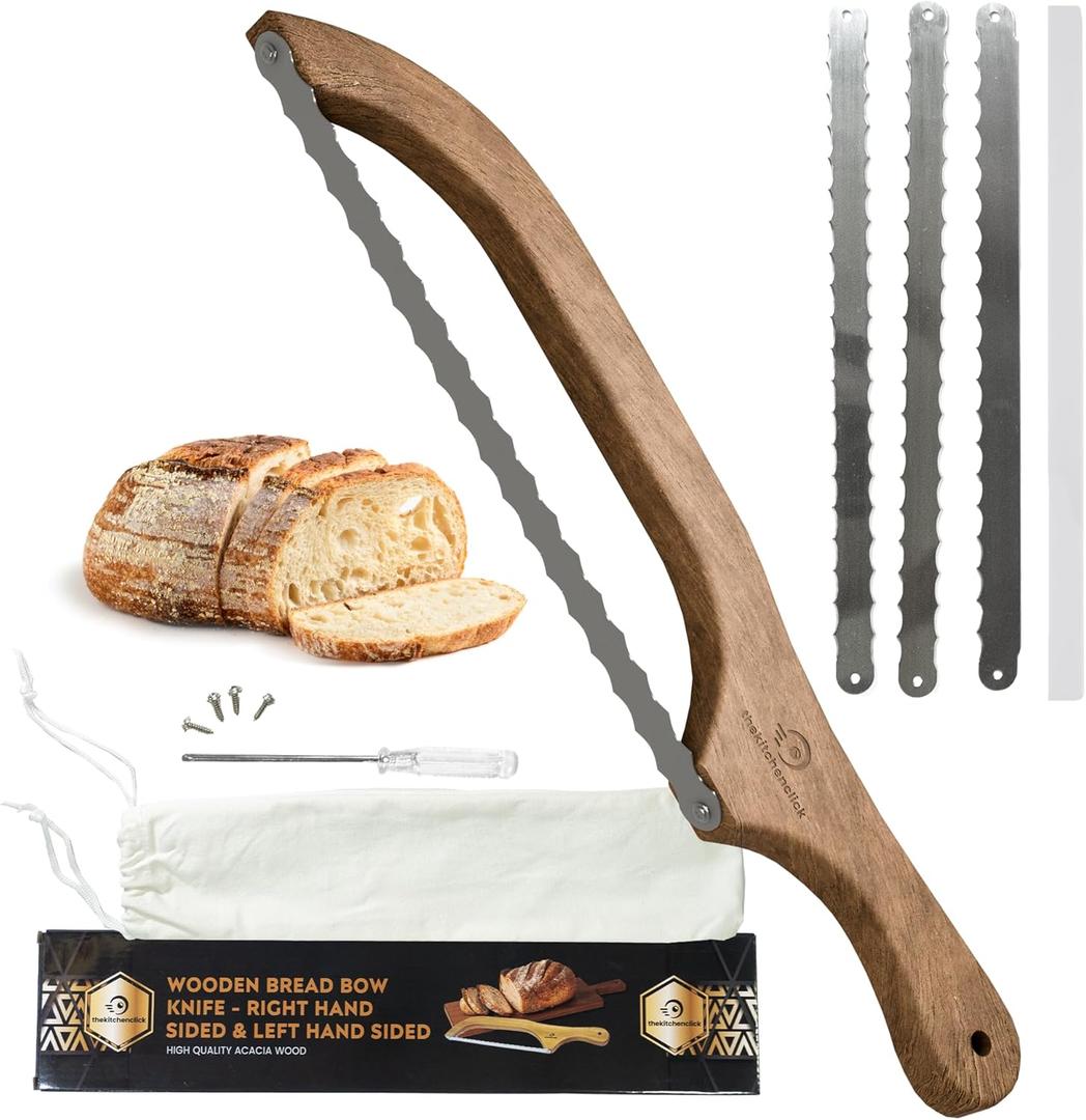 2 x Kitchen Click Bread Knife for Homemade Bread  16" Acacia Wood Bow Knife with 3 Extra Blades  Sourdough Bread Slicer for Even, Crumb-Free Cuts  Ideal for Artisan Loaves, Bagels,