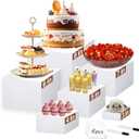6 Pcs White Buffet Risers, Acrylic Display Stands for Party Catering, Dessert, Cupcake, Jewelry, Collectibles, Nesting & Stackable Food Display Risers with Hollow Bottoms (8",7",6",5",4",3") - Includes Tabletop Signs & Markers
