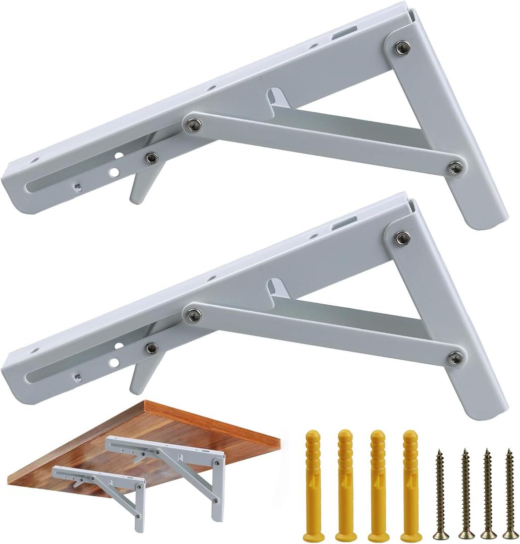 2 Pack 8IN Folding Shelf Brackets,White Heavy Duty Matte Collapsible, Folding Bracket for Table Bench, Collapsible Wall Shelving Space Saving for Bench Table