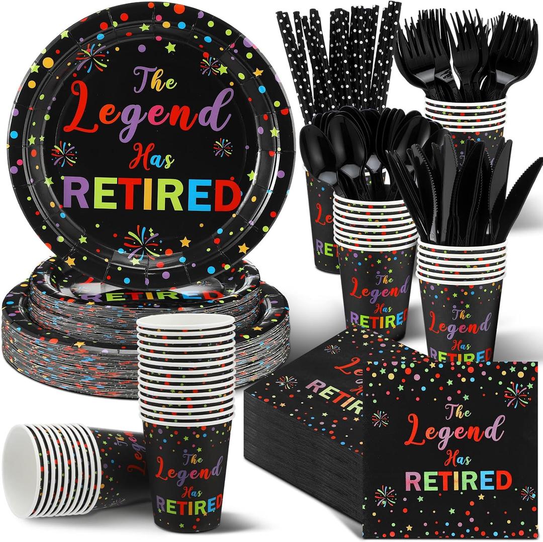 Tioncy 218 Pcs Retirement Party Supplies Colorful the Legend Has Retired Party Decoration Happy Retirement Plates and Napkins Cups Knives Forks Spoons for 24 Guests Disposable Tableware for Men Women