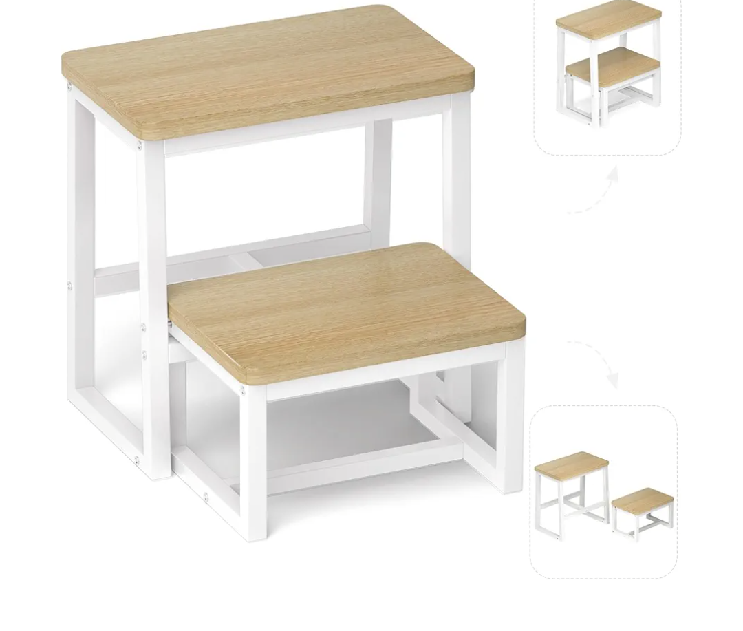 Step Stool for Adults,Holds up to 500Lb,3 in1 Heavy Duty Sturdy Two Step Stool for Kichen/Bathroom/High beds, Wooden&Metal Frame, Non-Slip Pads