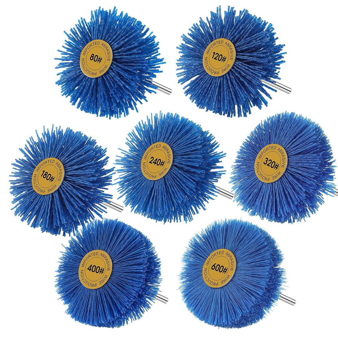 Tioncy 7 Pcs Nylon Wheel Brush Abrasive Grinding Head Nylon Drill Brush with 1/4" Shank, (80 120 180 240 320 400 600) Grits, Sanding Mop Abrasive Wheel for Removal of Rust Corrosion Paint