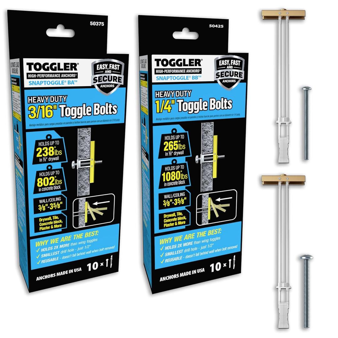 TOGGLER SNAPTOGGLE Heavy-Duty Drywall Toggle Bolt & BB Toggle Anchor with Bolts  Zinc-Plated Anchors for Hollow Walls, Plaster & Tile  10 Pack Each  Easy Installation