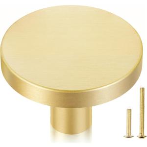 QOGRISUN 2-Pack Solid Brass Cabinet Knobs, 1-5/16-Inch Diameter, Round Gold Dresser Drawer Pulls Handles, Modern Kitchen Hardware, Brushed Brass Finish