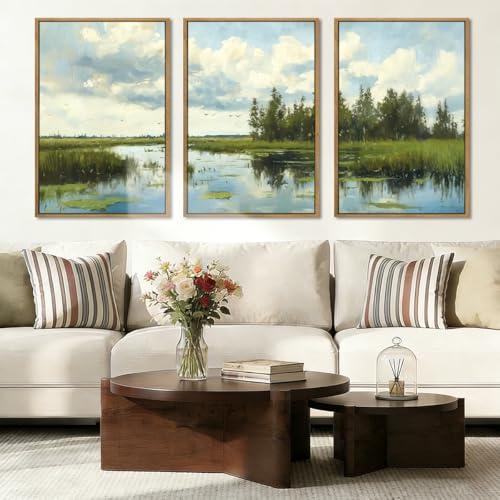 BINCUE Framed Green Nature Wall Art Lake Scenery Wall Decor Landscape Art Print Green Nature Landscape Artwork Green Plants Wall Pictures for Living Room Bedroom Office Farmhouse 16 x24 Inches Set of 3 Gift
