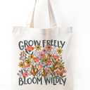 Aesthetic Tote Bag for Girls, Floral Canvas Tote Bag, Inspirational Gifts for Women, Grow Freely Bloom Wildly, Reusable Canvas Grocery Bags Foldable Lady Casual Vacation Beach Shopping Gym