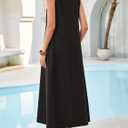 MEROKEETY Women's Summer Boho Maxi Dress 2026 Ruched Beach Vacation Sundresses Sleeveless Loose Tank Dress (Black, L)