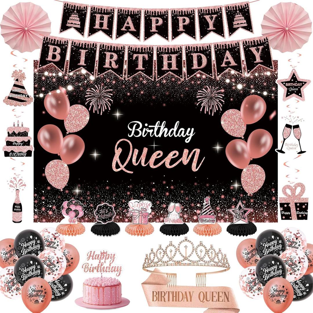Rose Gold Birthday Decorations for Women - 37Pcs "Happy Queen" Party Kit with Banner, Backdrop, Tiara, Sash, Cake Topper, Latex Balloons, Hanging Swirls, Centerpieces | All Ages Party Supplies