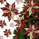 Suncalla 8 Pcs Velvet Christmas Glitter Poinsettia Flowers 12'' Large Heads Artificial Poinsettia Flower Ornaments Picks Christmas Tree Decoration Fake for Xmas Ornament Wedding Holiday(Burgundy)