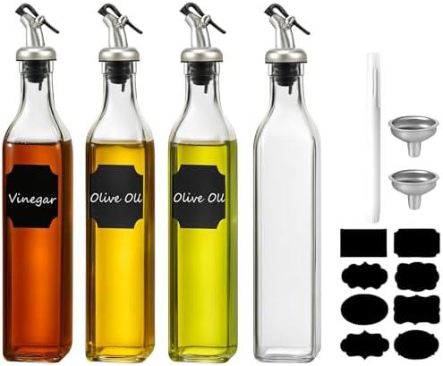 WERTIOO Olive Oil Dispenser Bottle,4Pack 17 OZ Glass Oil Dispenser for Kitchen with 4 Pourer,1 Stainless Steel Funnel & 1 Pen and 8 Label for Kitchen (500ml)