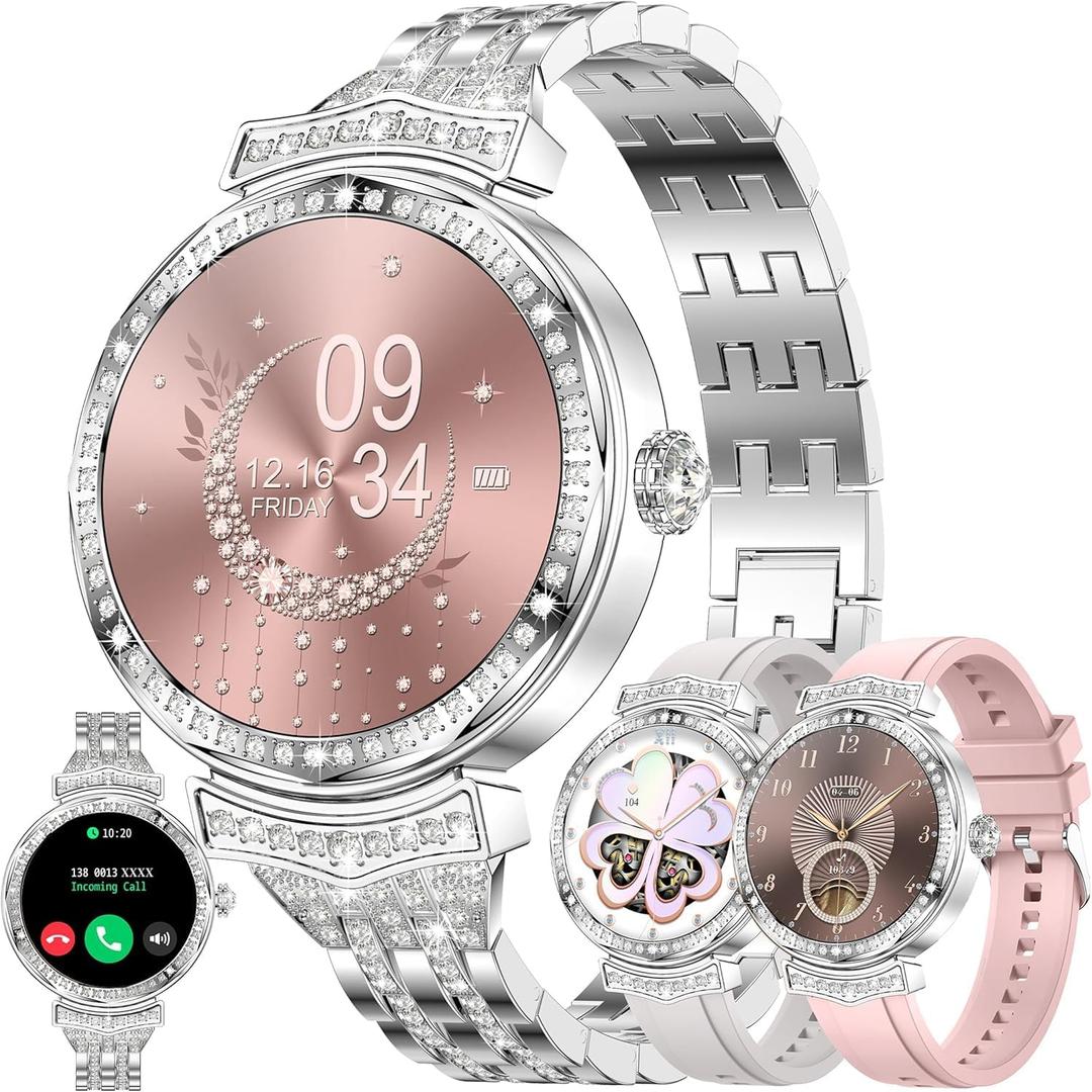 Smart Watch for Women, Answer/Make Call, 1.32'' AMOLED Fitness Trackers with Heart Rate//SpO2/Sleep Monitor, 130+ Sports Modes, IP68 Waterproof Smartwatch for iOS Android, 3 Watch Bands (Silver)