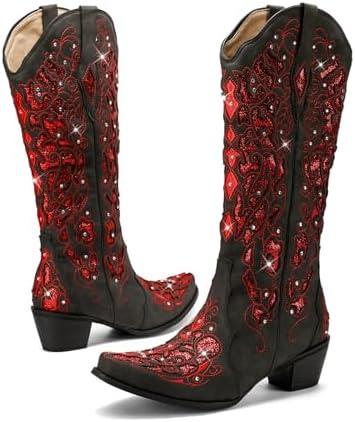 LingxiaUne Cowboy Boots for Women, Mid Calf Cowgirl Boot Rhinestone, Comfortable Chunky Heel Western Boot with Glitter, Sparkle Boot for Dressy Woman, Size 7.5