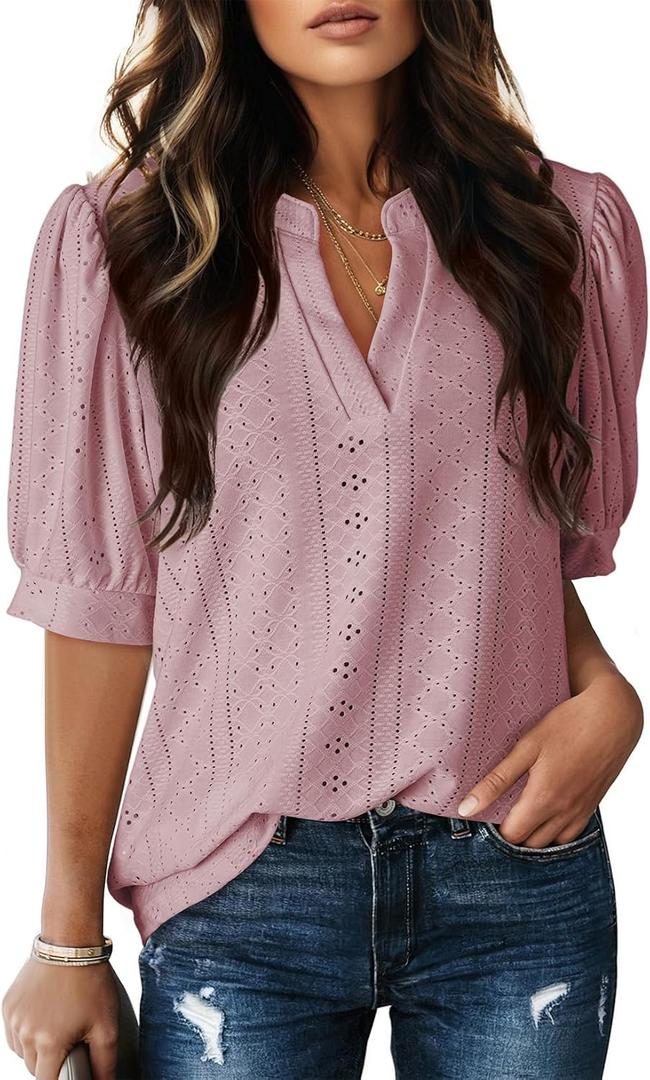 Dokotoo Womens Summer Business Casual Blouses V Neck Short Sleeve Shirts Eyelet Cute Lace Tops (Pink, L)
