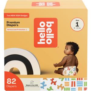 Hello Bello Premium Diapers Size 1, Balloon Buddies & Crosshatch Cuties Designs, 82ct Club Box