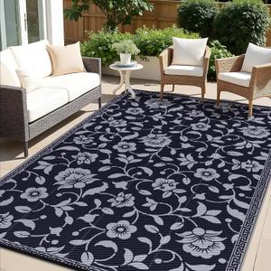OLANLY Waterproof Outdoor Rug 6x9 ft, Outdoor Plastic Straw Rug with Flower Pattern, Reversible RV Mat for Patio, Camping, Balcony, Deck, Backyard, Black & Grey
