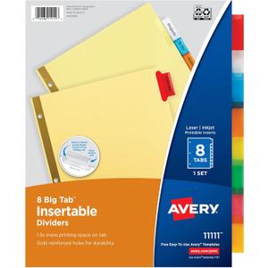 Avery Insertable Dividers for 3 Ring Binders, 8 Tabs per Set, Multicolor Big Tabs, Buff Paper with Gold-Reinforced Holes, Great for Organizing Reports, Projects, and More (11111)