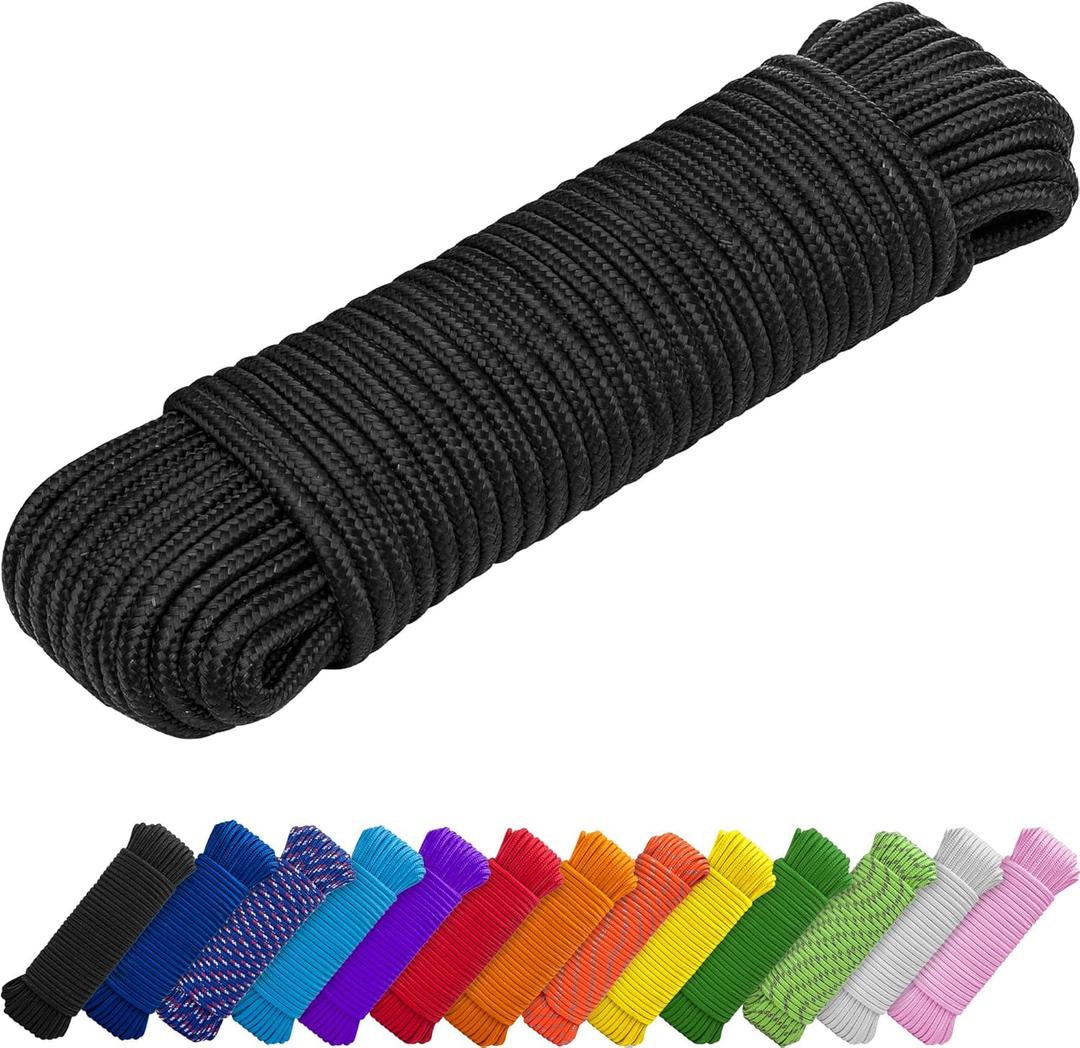 TECEUM Rope  1/4 & 3/8  90 FT | 150 FT  Strong All-Purpose Utility Rope  Camping, Crafting, Flag Pole, Indoor & Outdoor  Polypropylene Nylon Poly Lightweight Diamond Braided Cord  Black