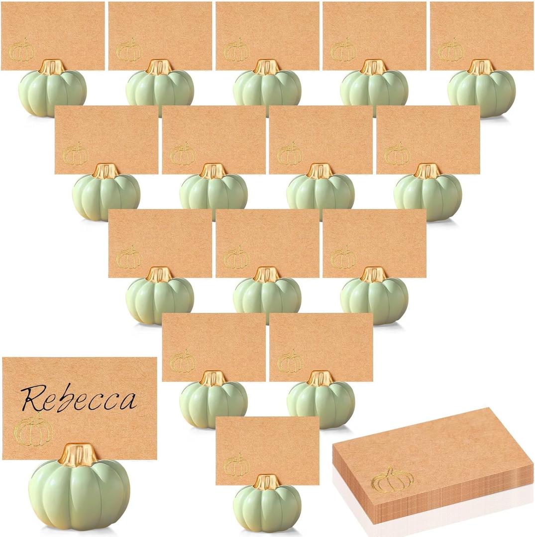 Yaomiao 16 Pcs Thanksgiving Table Decor Pumpkin Place Card Holders Mini Name Number Holders for Thanksgiving Table Setting Fall Autumn Party Photo Picture Wedding Decor(Green)