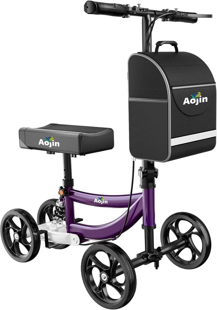 Aojin Knee Scooter for Adults for FootInjuries, 300lbs Capacity, All Terrain Foldable Knee Scooter Walker with Bag, 13" Wide Pu Seat, Compact Crutches Alternative (Purple)