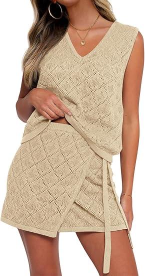 Fisoew Womens 2 Piece Crochet Swimsuit Cover Ups Sleeveless V Neck Tank Tops Wrap Skirt Sets Beach Vacation Outfits, Size Large