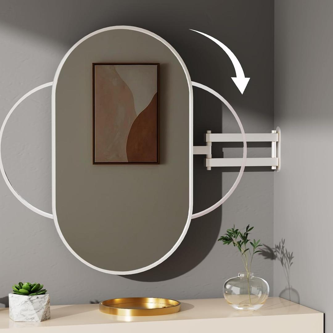 32" x 20" White Oval Wall Mirror, Capsule Extendable Swivel Mirror Bathroom Vanity Makeup Mirror, 360 Rotation Mirror Folding Extendable Arm Vanity Mirrors for Wall Shower Shaving Mirror