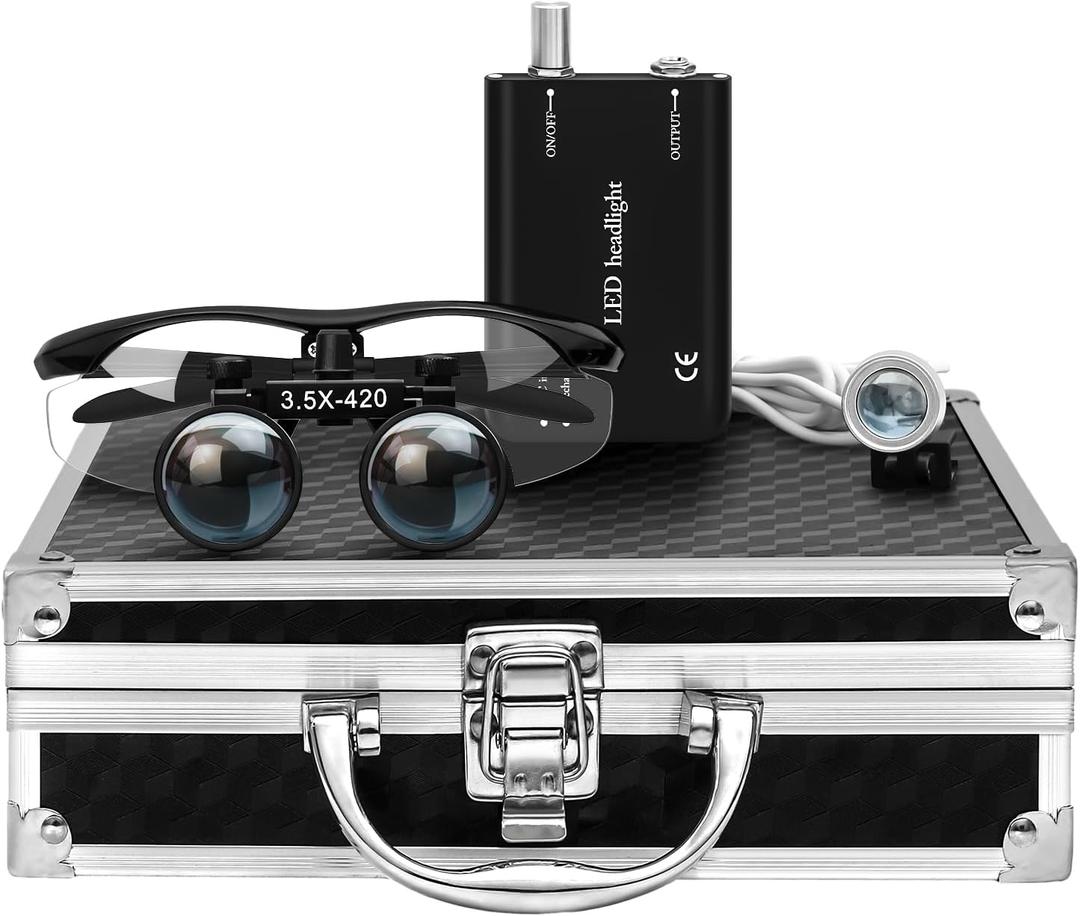 3.5 X 420mm Binocular Loupes Magnifier Glasses with LED Head Light+Aluminum Box Silver, Premium Optics Delivers Clear Imaging