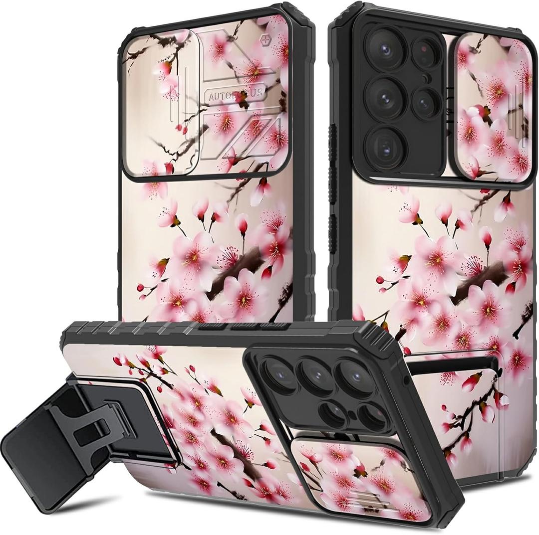 DIGTIALL Case for Samsung Galaxy S24 Ultra with Camera Cover & Kickstand Dual Layer Hybrid Shockproof Protective Case for Samsung S24 Ultra,Cherry Blossom