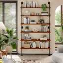 6 Tier Industrial Ladder Shelf Bookcase, Wall Mounted Rustic Bookshelf for Living Room Decor and Storage (Walnut Color, 6 Tier - 10" D x 48" W x 82.5" H)