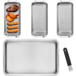 5 Pack Stainless Grill Basket Set, 16.6 x 11.1 Inch Outdoor Grill Basket with Clip-on Handle, Grill Pans for Outdoor Grill, Griddle Accessories for Camping, Picnic,BBQ