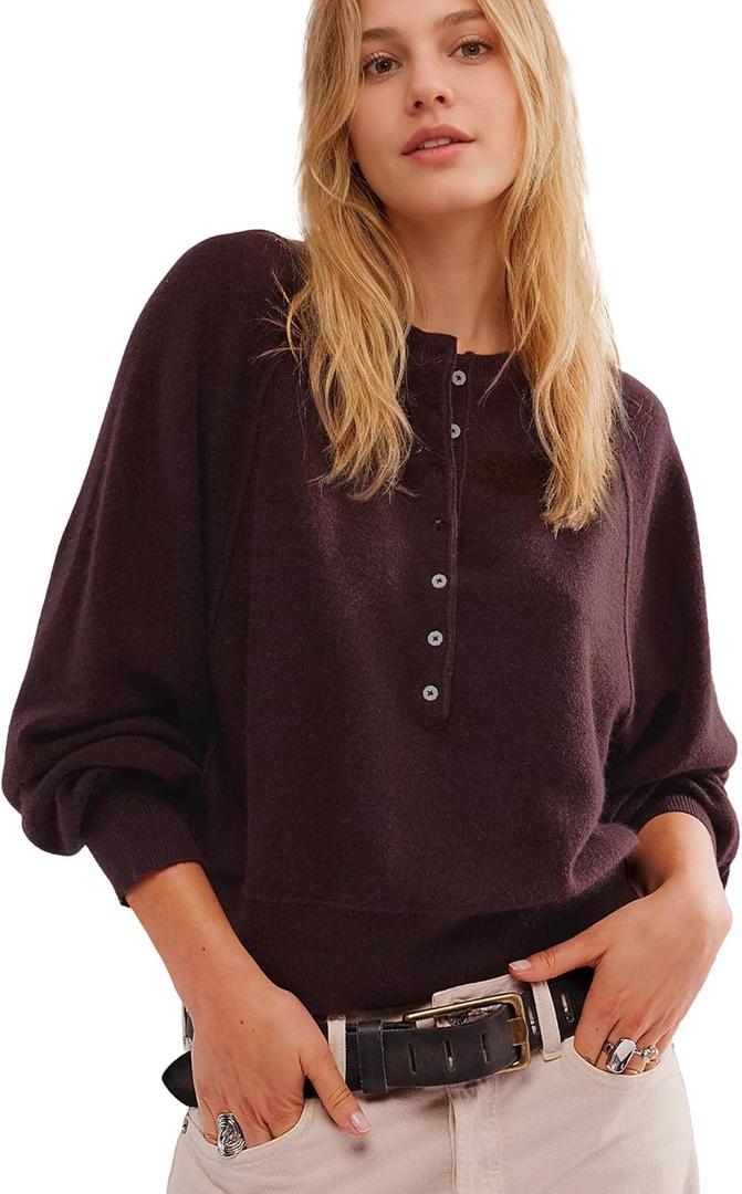 Hixiaohe Women's Long Sleeve Button Down Sweater Knitted Pullover Henley Shirts Casual Tops Lightweight Trendy Outfits