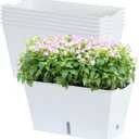 Window Box Planter 6 Pcs, 12.1 Inches Self Watering Plant Pots Rectangle Flower Pots with Drainage Holes and Breathable Trays, Vegetable Planters for Windowsill Patio Garden Balcony Porch Yard (White)
