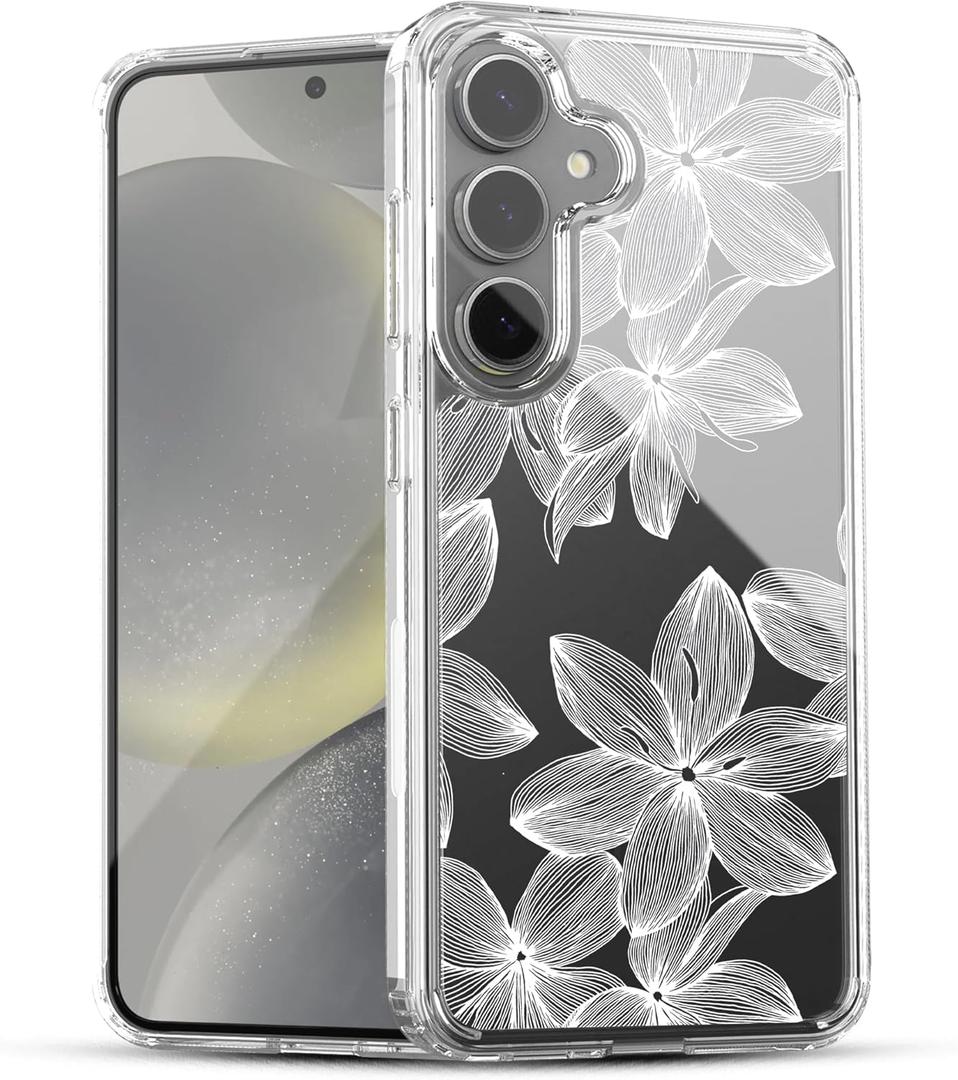 Ranz Case for Galaxy S24 FE, Anti-Scratch Shockproof Series Clear Hard PC+ TPU Bumper Protective Cover Case for Samsung Galaxy S24 FE - White Flower